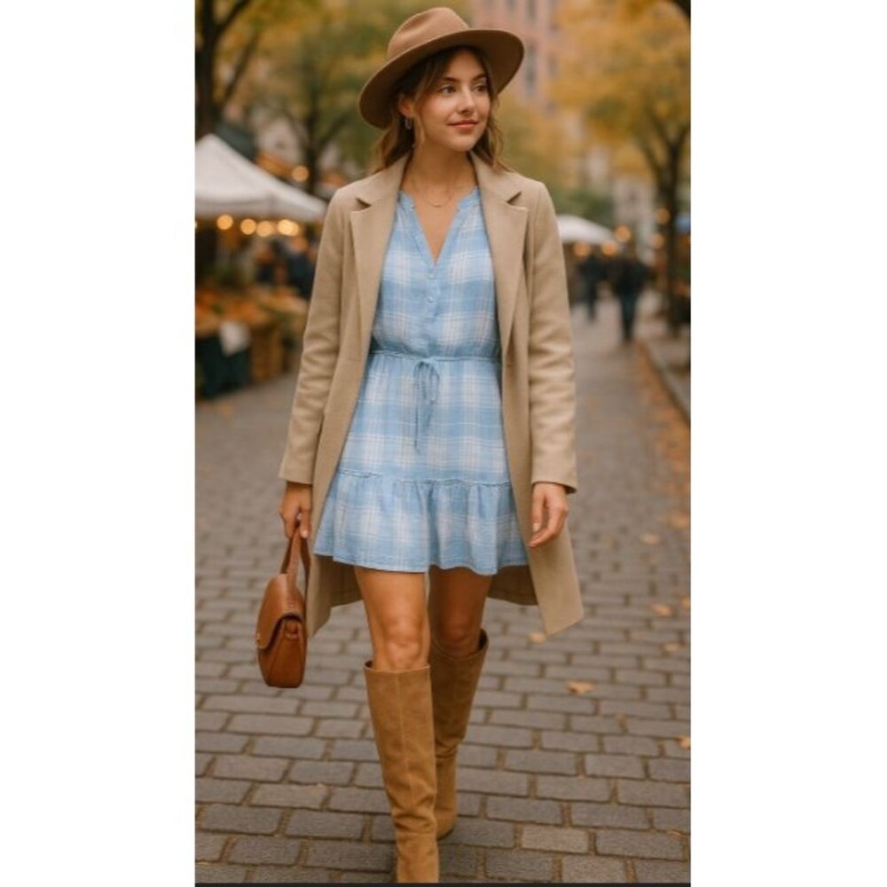 Veronica Beard Blue Gingham Ruffle Plaid Mini Dress L Cottagecore Soft Girl
